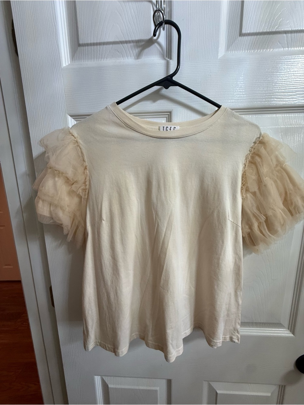 TCEC Cream Short Sleeve Tee with Tiered Tulle Ruffle Sleeves
